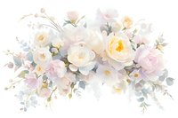 Delicate watercolor floral composition with white and blush roses, eucalyptus leaves on light background, soft pastel colors create romantic arrangement.