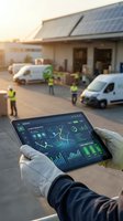 Construction worker monitoring solar panel installation progress on tablet with energy analytics dashboard at residential building site.