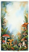 Watercolor forest mushroom frame with ferns and fungi border, blank center space for text or design, nature botanical illustration background.