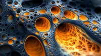 Abstract macro photography of oil and water mixture creating luminous orange spheres against dark blue background, showcasing surface tension patterns.