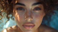 Young mixed race woman with freckles and curly hair in warm sunlight against blue background, natural beauty portrait showing glowing skin and expressive eyes.