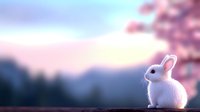 Adorable white baby bunny sitting on wooden surface against blurred pink sunset and cherry blossom background, creating magical spring atmosphere.
