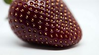 Ripe dark red strawberry with textured seed pattern isolated on white background, suitable for food packaging, culinary design, and healthy eating content.