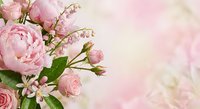 Soft pink peonies and roses bouquet with lily of the valley on dreamy blurred background for wedding invitations and romantic greeting cards.