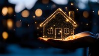 Glowing golden house outline floating above open palm with sparkling lights and bokeh background representing home protection and real estate dreams.