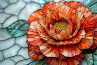 Vibrant coral peony bloom with delicate petal layers and intricate details against turquoise mosaic background, showcasing nature's artistic patterns and textures.
