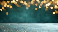 Magical winter background with golden bokeh lights and glittering snow surface against dark teal backdrop, creating festive holiday atmosphere.
