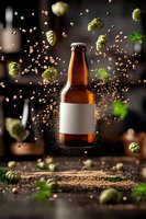 Cold beer bottle with blank label surrounded by flying hop cones and malt grains in dynamic composition against dark background. Craft brewery concept.