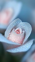 Delicate pink rose petals covered in morning dew drops create ethereal macro photography effect with soft blue tones and dreamy bokeh background.