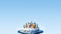 Winter holiday village scene with snow-covered houses, evergreen trees, and festive decorations on blue platform. Suitable for seasonal greeting cards and holiday marketing.