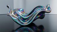 Iridescent glass sculpture with flowing, wave-like form featuring holographic rainbow reflections and metallic shimmer effects on dark surface.