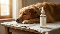 Golden retriever dog resting on a wooden table beside a dropper bottle with blank label, soft natural light, pet health and wellness concept.