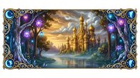 Fantasy castle landscape with ornate magical frame and glowing crystals for gaming, storytelling and enchanted world designs.