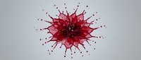 Red liquid splash explosion with dynamic droplets and spatter pattern on white background for creative design projects and artistic compositions.