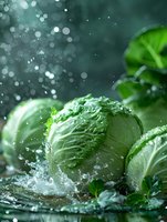Fresh green cabbage with water droplets splashing, creating bokeh effect in dark background for food photography and healthy eating concepts.