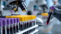 Laboratory technician holding blood sample tube with microscope and yellow and purple test tubes in medical research facility. Healthcare diagnostics concept.
