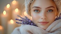 Young woman with fair skin and blue eyes wearing cozy knit beanie and sweater, holding dried lavender sprigs, warm bokeh lights background.