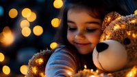 Young girl hugging illuminated teddy bear with warm bokeh lights in background, creating magical holiday atmosphere for Christmas or celebration.