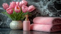 Pink tulips in ceramic vase with soap dispenser and towels create elegant spa bathroom decor. Luxury wellness setup for relaxation and self-care rituals.
