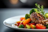 Juicy grilled beef steak served with fresh vegetables, broccoli, cherry tomatoes and rosemary garnish on white plate against dark background, restaurant meal.