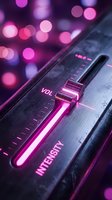 Audio mixer control panel with glowing neon pink and purple lights, volume and intensity sliders illuminated, blurred bokeh background, music production and sound engineering equipment.