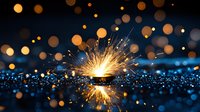 Bright sparkler burning with golden light reflection on dark surface, creating magical bokeh effect and glowing sparks against black background.