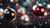 Glittering black Christmas ball ornament with water drops against blurred festive bokeh lights background creating magical holiday atmosphere.