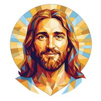 Stylized portrait of Jesus Christ with radiant halo in geometric low poly art style featuring warm golden and blue tones for religious and spiritual designs.