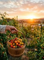 Farmer harvesting fresh organic tomatoes in wicker basket at sunset in vegetable garden with golden hour lighting for sustainable agriculture concepts.