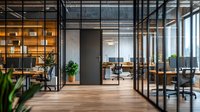 Modern open office space with glass partitions, wooden flooring, and ambient lighting creates professional work environment with natural elements and contemporary design.