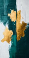 Abstract painting featuring bold emerald green brushstrokes with metallic gold accents on white canvas, creating dramatic contrast and modern artistic expression.