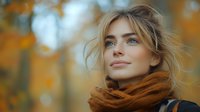 Young woman with blonde hair wearing cozy brown scarf smiling outdoors in autumn park with golden bokeh background and fall foliage.