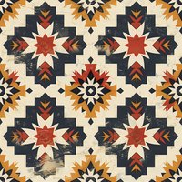 Southwestern geometric pattern with stars and tribal motifs in navy blue, rust red, and golden orange on aged cream background. Seamless repeat design for fabric and decor.