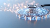 Medical stethoscope surrounded by glowing blue digital circle pattern on reflective surface, representing healthcare technology and digital medicine.