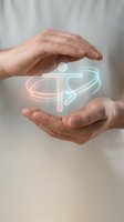 Male hands cradling glowing neon figure with orbital rings, representing healthcare, wellness, and protection. Suitable for medical, technology, and business applications.