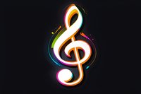 Glowing treble clef symbol with vibrant rainbow neon effect and light trails on black background, isolated design element for music and entertainment projects.