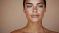 Close up portrait of young woman with natural freckles, glowing skin, and nude makeup against beige background. Professional beauty and skincare concept.