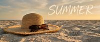 Straw hat and sunglasses on sandy beach at golden sunset with Summer text, evoking vacation and travel vibes for seasonal banners.