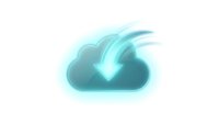 Cloud computing download arrow icon with glowing turquoise effects on white background for technology and data transfer concepts.