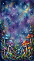 Enchanted forest floor with glowing mushrooms, magical plants, and starry night sky filled with celestial bodies, crescent moon, and cosmic clouds in purple, blue, and gold tones.
