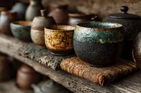 Handcrafted ceramic pottery collection featuring textured bowls and vessels on rustic wooden shelf. Traditional artisan craftsmanship for home decor and kitchen use.