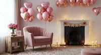 Cozy living room decorated with pink and rose gold heart balloons, velvet armchair, fireplace with fairy lights for Valentine's Day celebration.