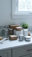 Minimalist kitchen counter with eco-friendly packaging boxes, glass jars and containers arranged on marble surface near window for sustainable storage solutions.