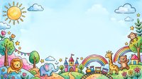 Whimsical children's illustration featuring smiling sun, fluffy clouds, playful animals including lion and elephant, colorful castle, rainbow, trees, and decorative bunting on light blue background. Suitable for nursery decor, children's books, educational materials, and kid-themed designs.
