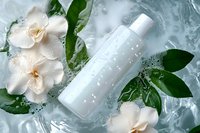 White cosmetic bottle with gardenia flowers and green leaves on icy water background, luxury skincare product photography for beauty and wellness advertising.