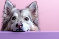 Adorable white fluffy dog with attentive expression and pointed ears against pink and purple gradient background, close-up portrait showing soulful eyes.