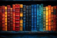 Row of vintage multicolored books arranged on wooden shelf creating rainbow spectrum pattern. Spines show various sizes and textures in red, blue, yellow tones.