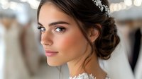 Young Caucasian bride with elegant updo hairstyle, crystal headpiece, natural makeup and rosy cheeks poses in soft focus with bokeh lights background.