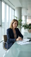 Professional businesswoman analyzing financial reports at modern office desk with natural lighting and city view.