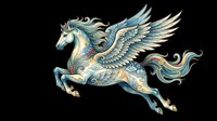Ornate flying horse with wings in blue and gold folk art style, isolated on transparent background. Great for stickers, t-shirt design, print on demand, and clipart.